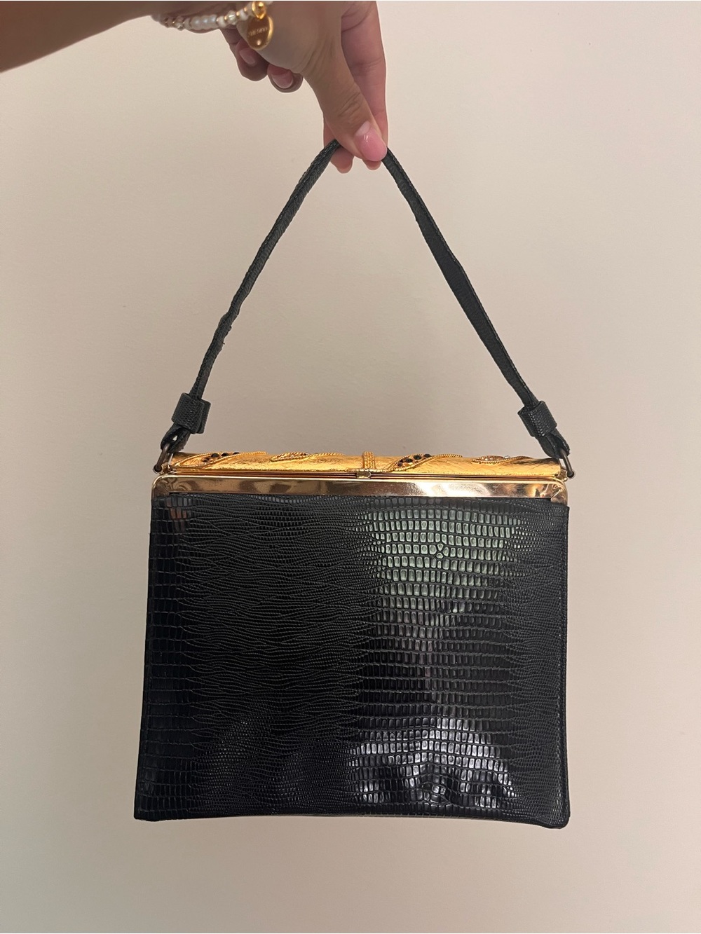 Vintage Black Croc-Embossed leather Wristlet with Gold Frame